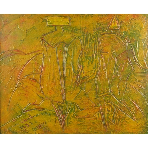 1397 - Surreal figures, impasto oil onto board, bearing a signature Lynn Chadwick and labels verso, 39cm x ... 