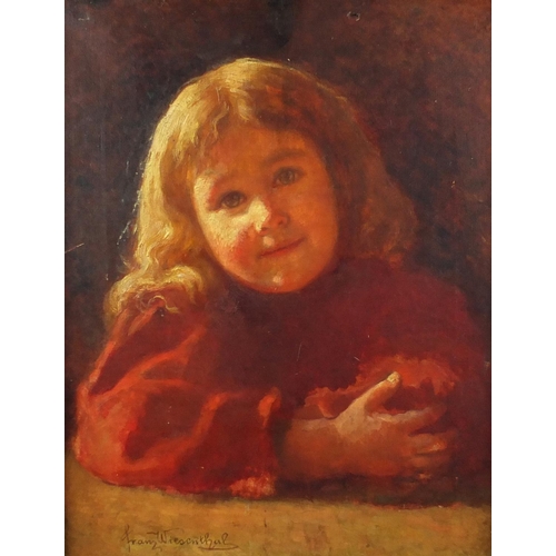 1390 - Franz Wiesenthal - Girl in a red dress, oil onto canvas, framed, 48cm x 38cm