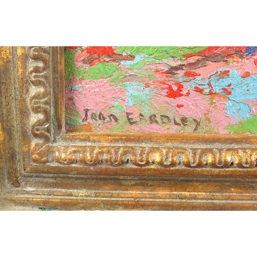 1191 - Abstract composition, coastal scene, oil onto wood panel, bearing a signature Joan Eardley, label ve... 