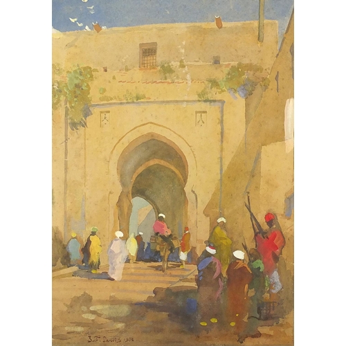 1169 - Middle Eastern street scene, watercolour onto card, bearing a signature E J Lewis, mounted and frame... 