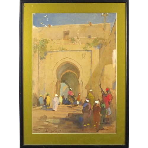 1169 - Middle Eastern street scene, watercolour onto card, bearing a signature E J Lewis, mounted and frame... 