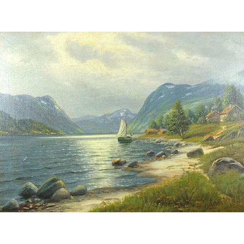 1186 - Carl Moe - Moored boat on a lake before mountains, oil onto canvas, framed, 55cm x 40cm