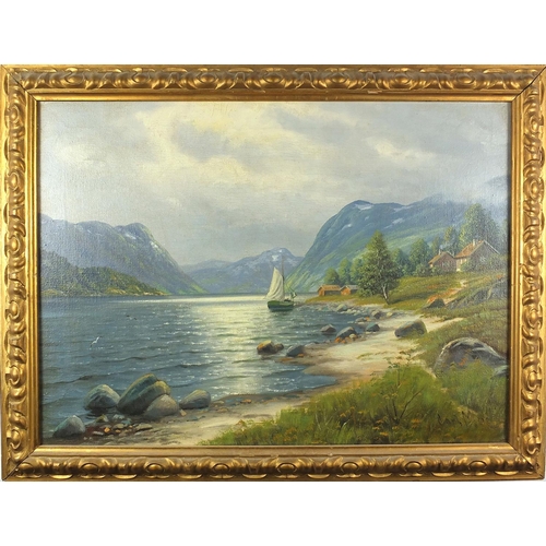 1186 - Carl Moe - Moored boat on a lake before mountains, oil onto canvas, framed, 55cm x 40cm