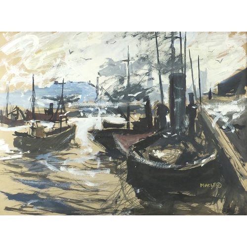 1389 - Macleod - Harbour scene, mixed media onto card, mounted and framed, 61cm x 44.5cm