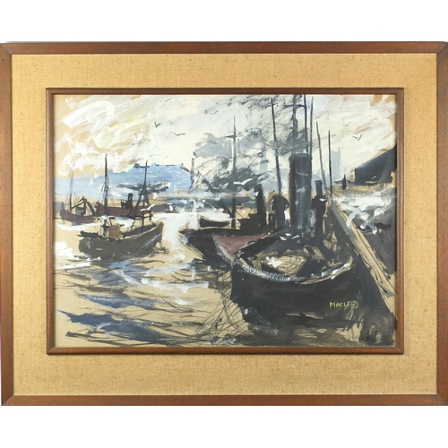 1389 - Macleod - Harbour scene, mixed media onto card, mounted and framed, 61cm x 44.5cm