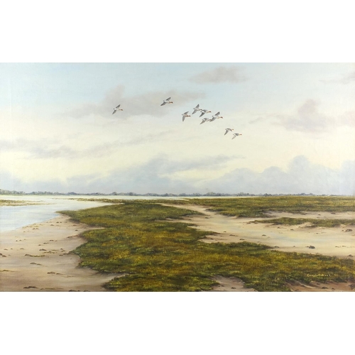 1394 - Geoffrey Campbell Black - Ducks in flight over marshlands, oil onto canvas, framed, 75cm x 50cm