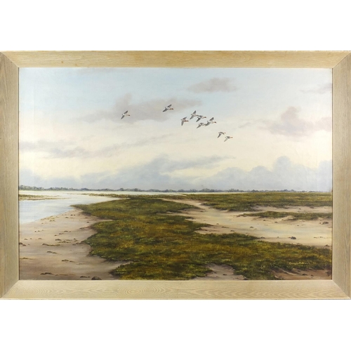 1394 - Geoffrey Campbell Black - Ducks in flight over marshlands, oil onto canvas, framed, 75cm x 50cm
