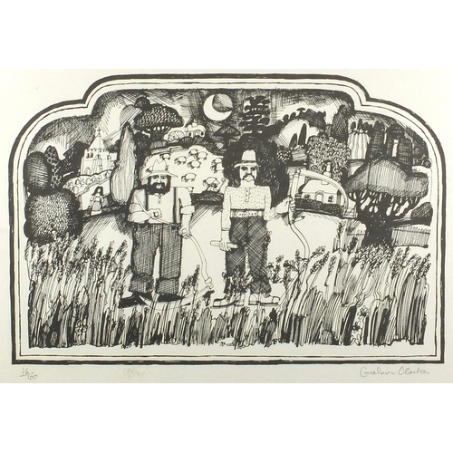 1445 - Graham Clarke - Two farmers holding a scythe, black and white lithograph, limited edition 16/100, fr... 