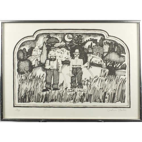 1445 - Graham Clarke - Two farmers holding a scythe, black and white lithograph, limited edition 16/100, fr... 