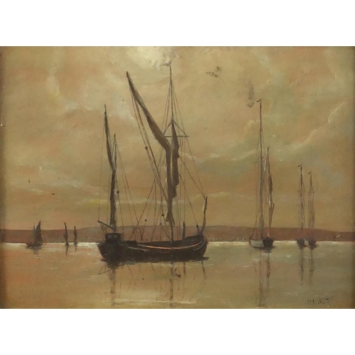 1188 - Boats on calm sea, oil onto board, bearing a monogram HST, mounted and framed, 23cm x 17.5cm