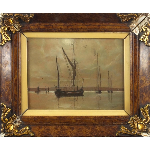 1188 - Boats on calm sea, oil onto board, bearing a monogram HST, mounted and framed, 23cm x 17.5cm