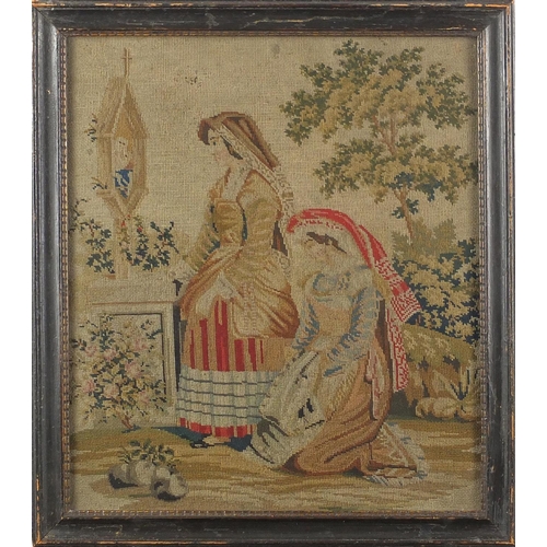 138 - 19th century needlpoint of religious figures, framed, 28.5cm x 24.5cm