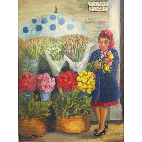 1177 - Margaret Green 1966 - The Flower Seller, oil onto canvas board, inscribed verso, framed, 39cm x 28.5... 