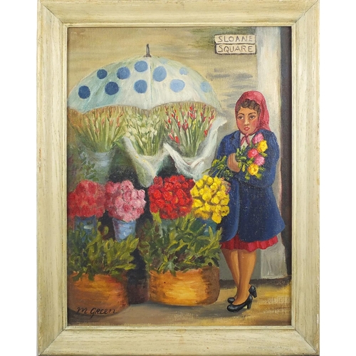 1177 - Margaret Green 1966 - The Flower Seller, oil onto canvas board, inscribed verso, framed, 39cm x 28.5... 