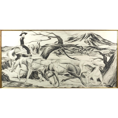 1379 - Van Jen-Broeck - Horses outback, charcoal onto hardboard, framed, 78.5cm x 39.5cm
