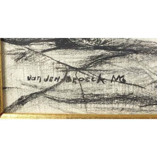 1379 - Van Jen-Broeck - Horses outback, charcoal onto hardboard, framed, 78.5cm x 39.5cm