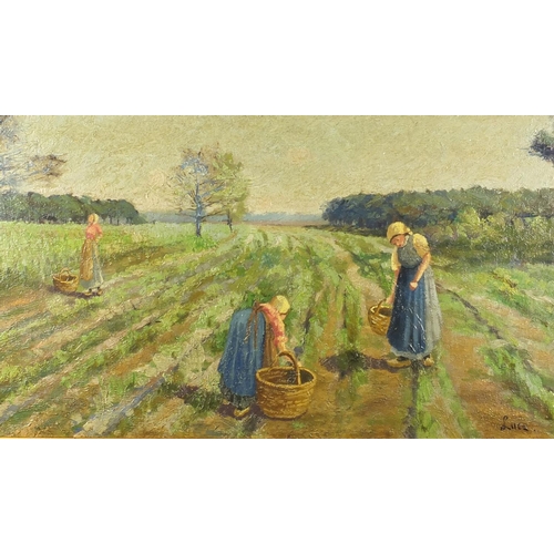 1224 - Three Dutch pickers in a field, oil onto board, bearing a signature Luce, framed, 54cm x 31cm