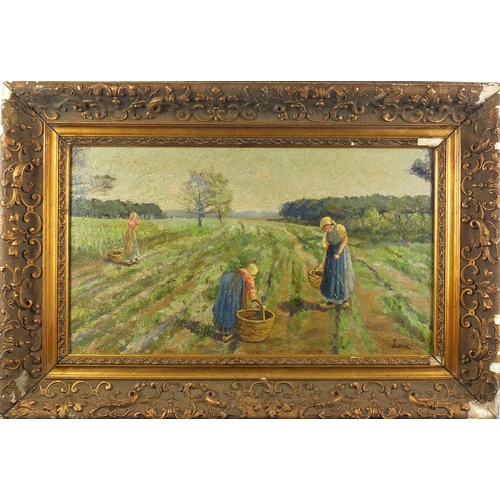 1224 - Three Dutch pickers in a field, oil onto board, bearing a signature Luce, framed, 54cm x 31cm