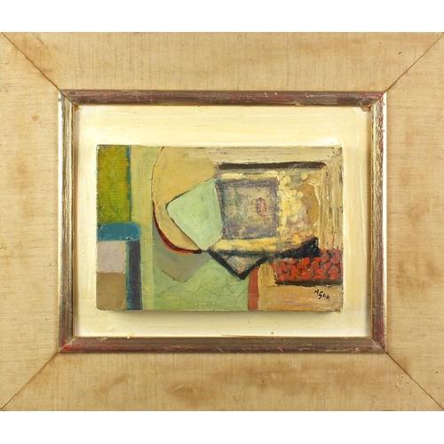 1391 - Abstract composition, oil and collage onto canvas, bearing a signature Agar, mounted and framed, 23c... 
