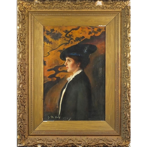 1211 - Top half portrait of a female, oil onto canvas, bearing a signature G De Bois, mounted and framed, 4... 