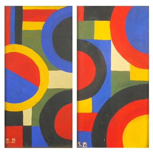 1220 - Abstract compositions, geometric shapes, pair of gouaches onto card, bearing monograms S.D, labels v... 