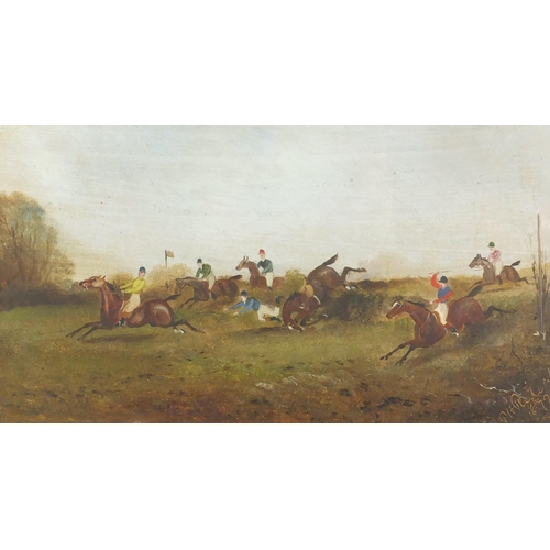 1222 - Horse racing scene, impressionist oil onto board, bearing a signature Ph Pidir? 1892, mounted and fr... 