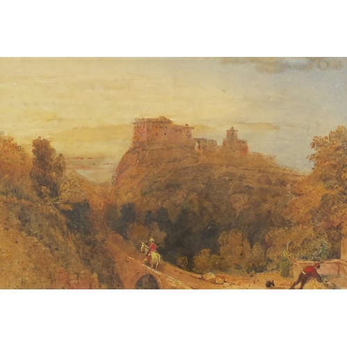 1221 - Figure on horseback crossing a bridge before ruins, 19th century watercolour onto card, bearing a Jo... 