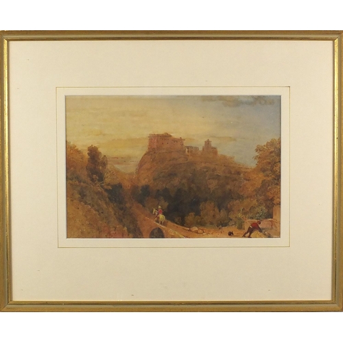 1221 - Figure on horseback crossing a bridge before ruins, 19th century watercolour onto card, bearing a Jo... 