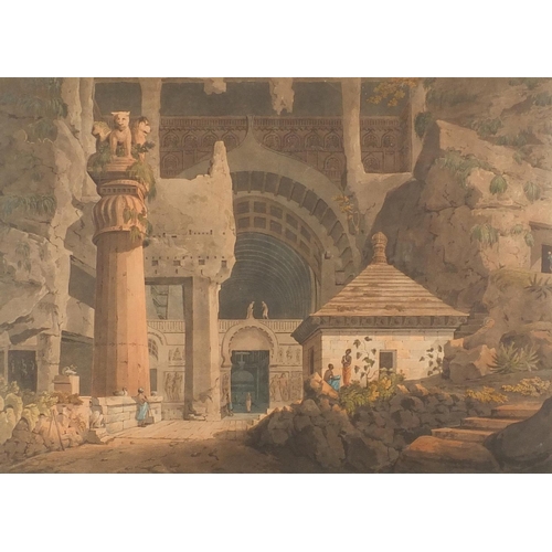 1438 - Henry Salt - Ancient Excavations at Sarli India, 18th century coloured aquatint, engraved by D Havel... 