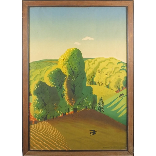 1422 - Edward McKnight Kauffer - Stylised landscape, lithographic poster, framed, 88.5cm x 60cm