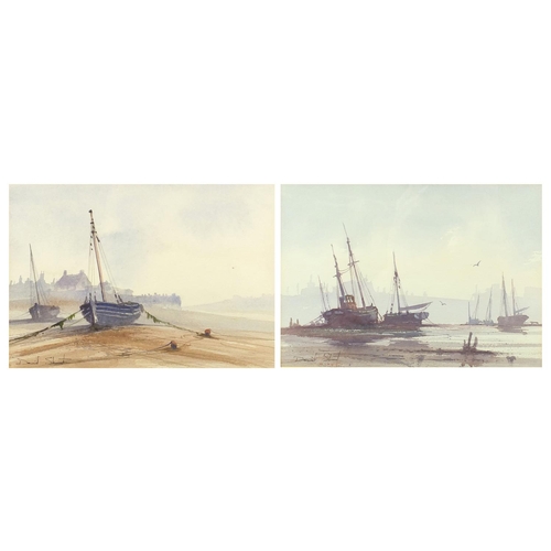 1219 - David S - Moored fishing boats, pair of watercolour onto card, both mounted and framed, each 25cm x ... 