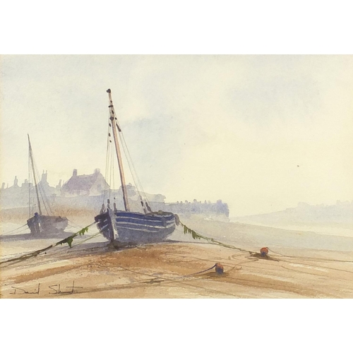 1219 - David S - Moored fishing boats, pair of watercolour onto card, both mounted and framed, each 25cm x ... 