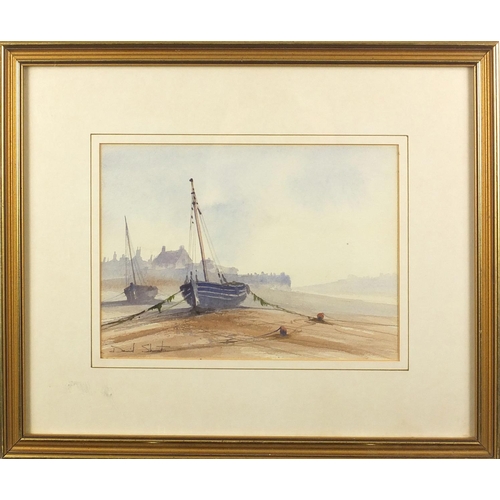 1219 - David S - Moored fishing boats, pair of watercolour onto card, both mounted and framed, each 25cm x ... 