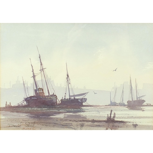 1219 - David S - Moored fishing boats, pair of watercolour onto card, both mounted and framed, each 25cm x ... 