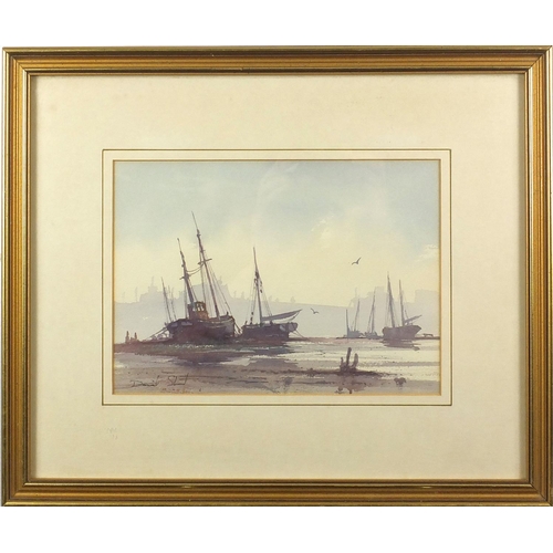 1219 - David S - Moored fishing boats, pair of watercolour onto card, both mounted and framed, each 25cm x ... 