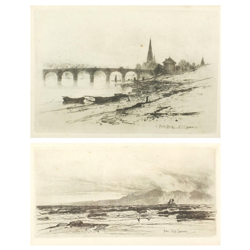 1434 - D Y Cameron - Perth Bridge and rigged ship on choppy seas, two black and white etchings, both mounte... 