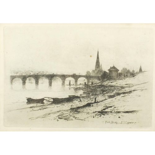 1434 - D Y Cameron - Perth Bridge and rigged ship on choppy seas, two black and white etchings, both mounte... 