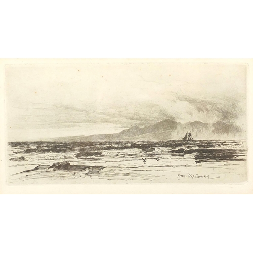 1434 - D Y Cameron - Perth Bridge and rigged ship on choppy seas, two black and white etchings, both mounte... 