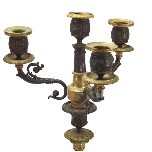 58 - Pair of 19th century French Empire style Ormolu and bronze three branch candelabra, each 47.5cm high
