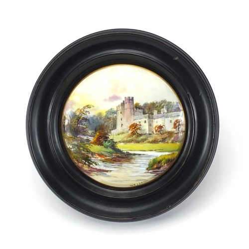 710 - Royal Crown Derby pot lid by W E J Dean, hand painted with view of Haddon Hall, housed in a circular... 