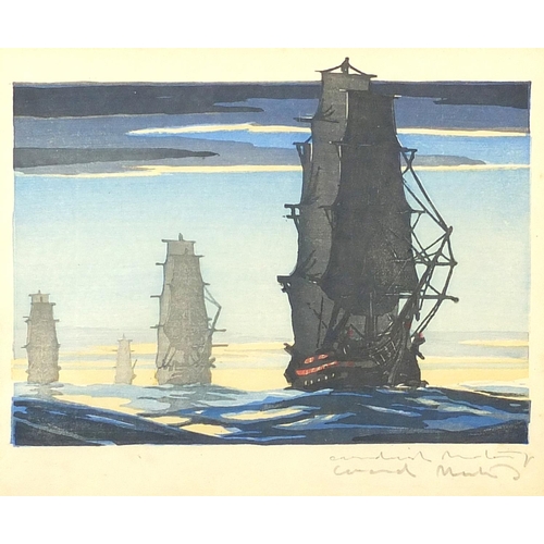 1444 - HMS Victory, Day Break October 21st 1805, coloured woodblock print, bearing an indistinct signature,... 