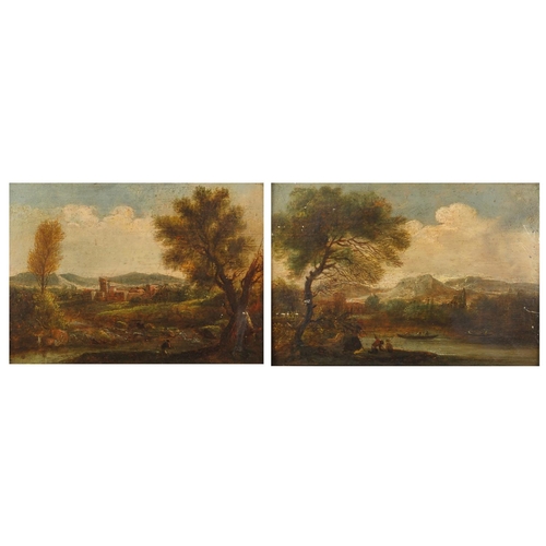 1182 - Figures in landscapes, pair of 18th century oil onto wood panels, both with Christie's labels verso ... 