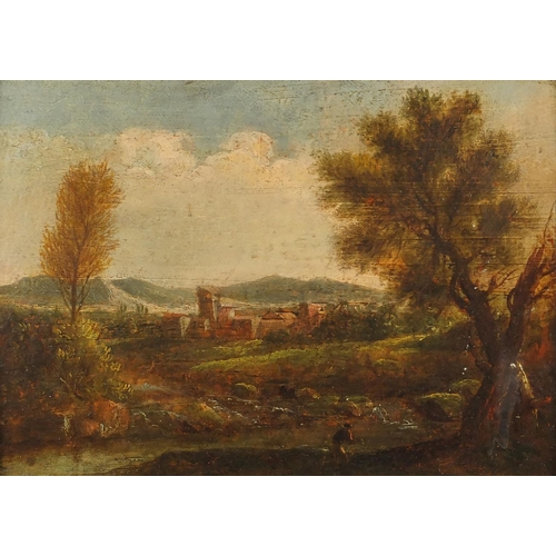 1182 - Figures in landscapes, pair of 18th century oil onto wood panels, both with Christie's labels verso ... 