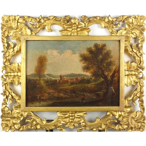 1182 - Figures in landscapes, pair of 18th century oil onto wood panels, both with Christie's labels verso ... 