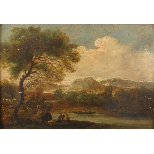 1182 - Figures in landscapes, pair of 18th century oil onto wood panels, both with Christie's labels verso ... 