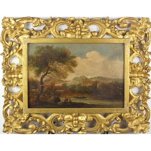 1182 - Figures in landscapes, pair of 18th century oil onto wood panels, both with Christie's labels verso ... 