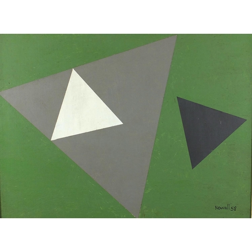 1195 - Abstract composition, three geometric triangles, oil onto board, bearing a signature Newall 58, labe... 