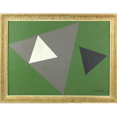 1195 - Abstract composition, three geometric triangles, oil onto board, bearing a signature Newall 58, labe... 