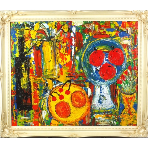 1380 - Abstract composition, oil onto board, bearing a signature C Venard, framed, 59cm x 49cm