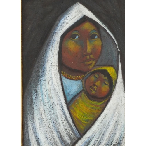 1410 - Mother and child, South American school pastel onto paper, bearing an indistinct signature, framed, ... 